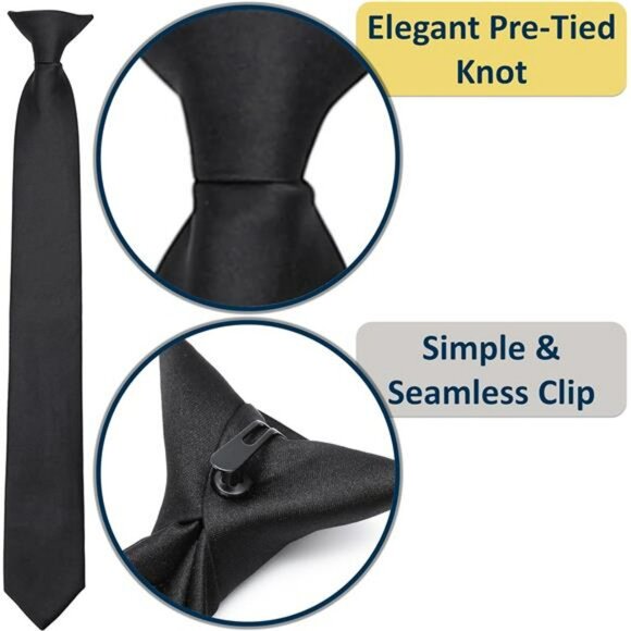 Black Clip On Ties for Men Set of 2 Pre Tied Solid Dress Business Tie - Picture 4 of 8